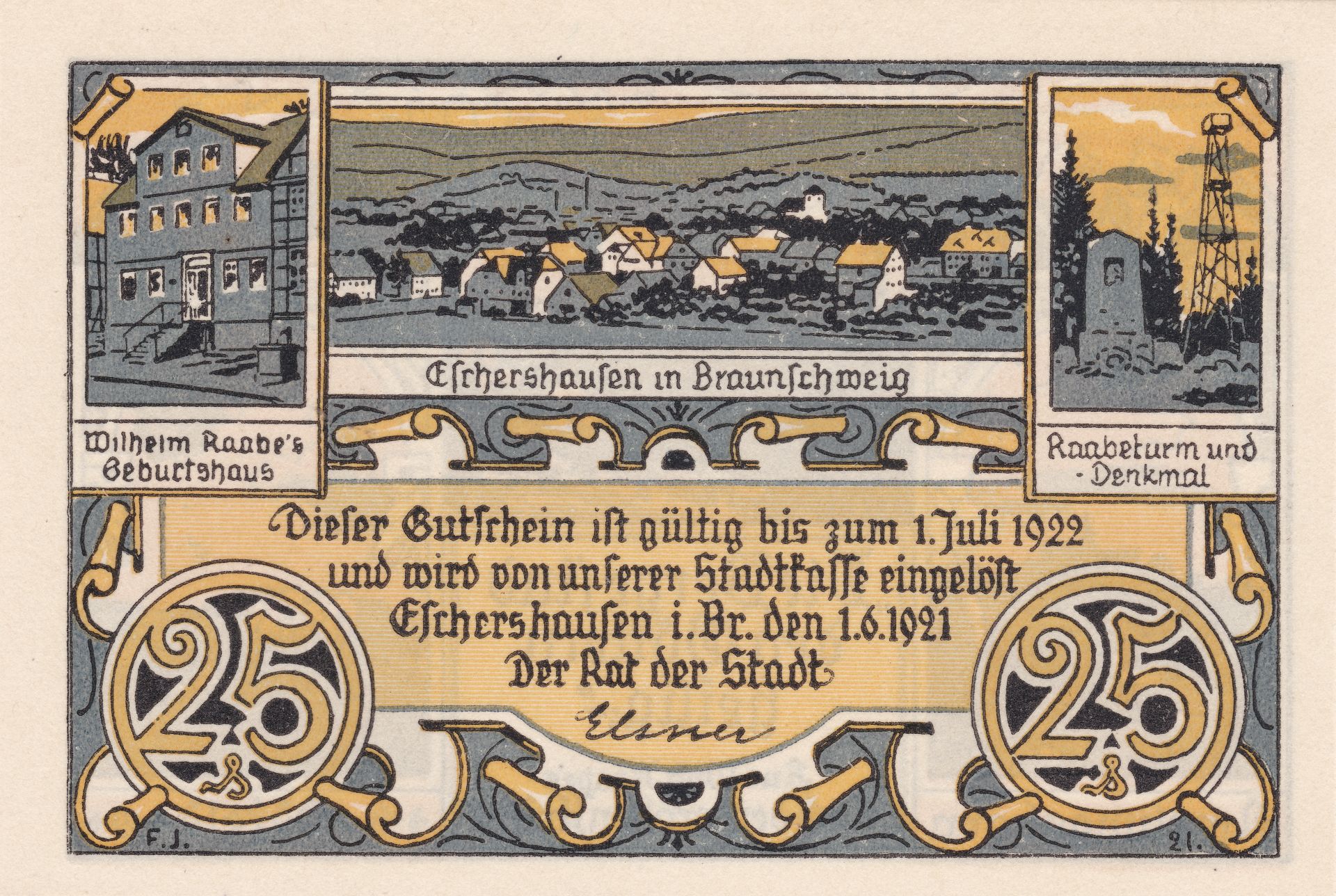 Notgeld der Stadt Eschershausen, Frontseite des 25-Pfennig-Scheins 1921